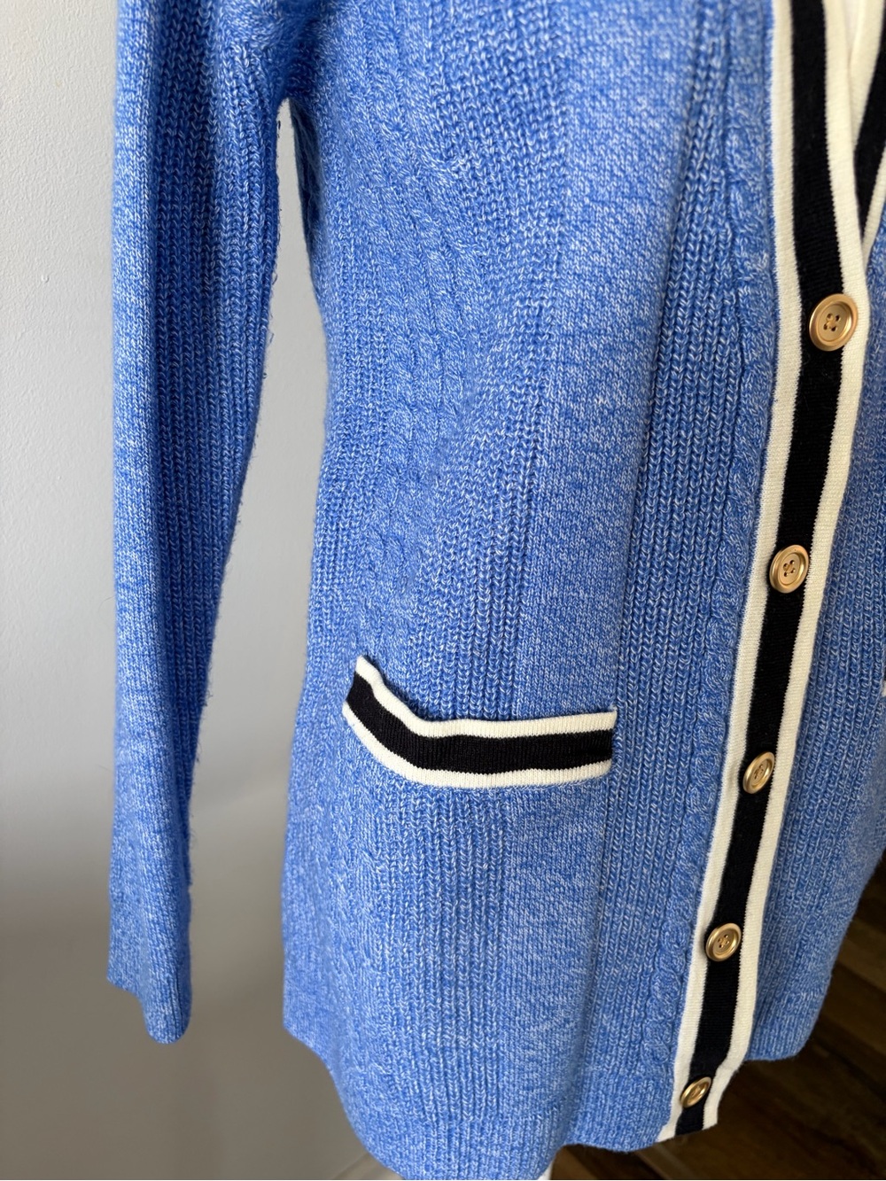 Talbots Light Blue V-Neck Button Cardigan with Black & Ivory Trim - Picture 4 of 7